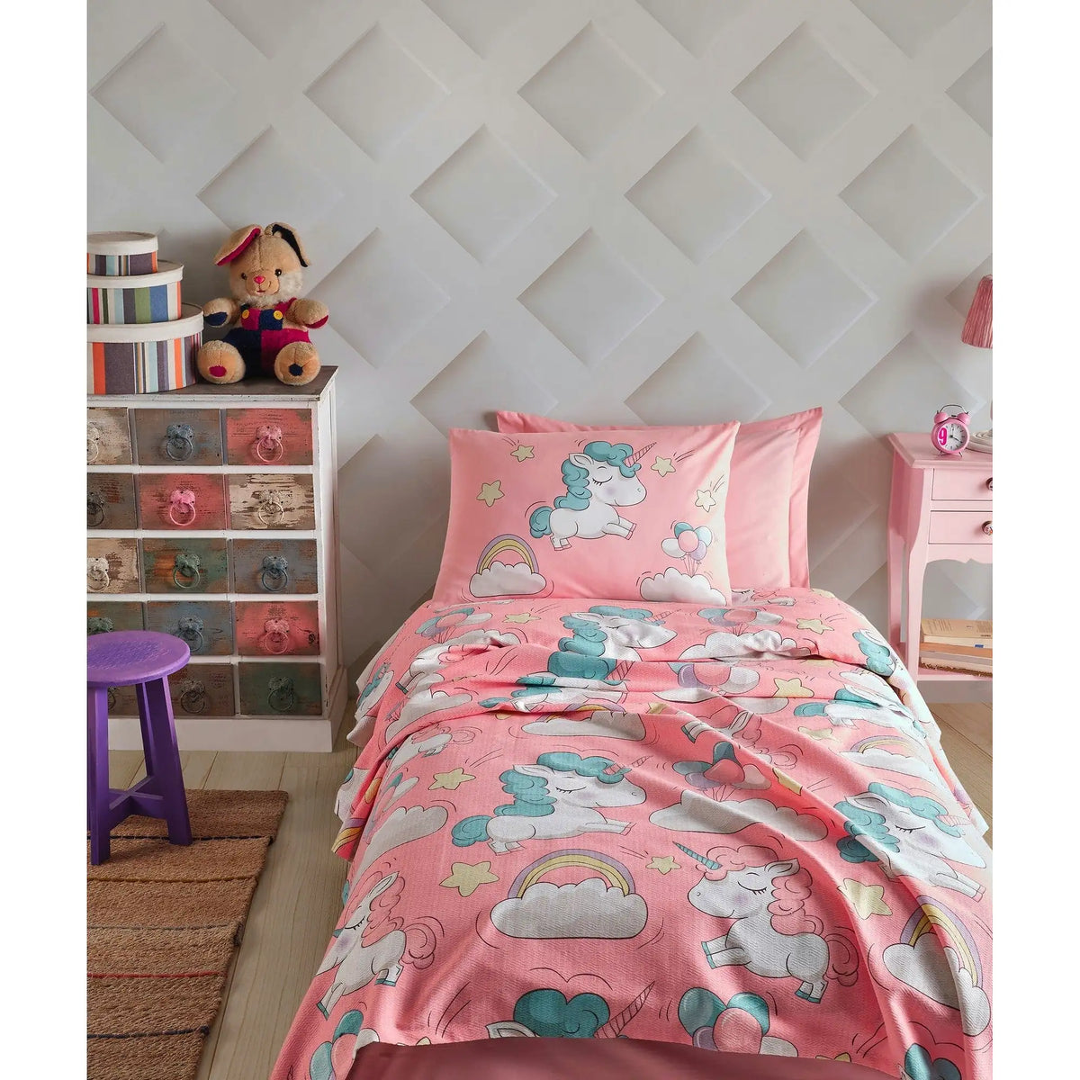 Set cuvertura pat UNICORNIO, roz, bumbac, 160x235 cm, cu cearsaf si fata de perna