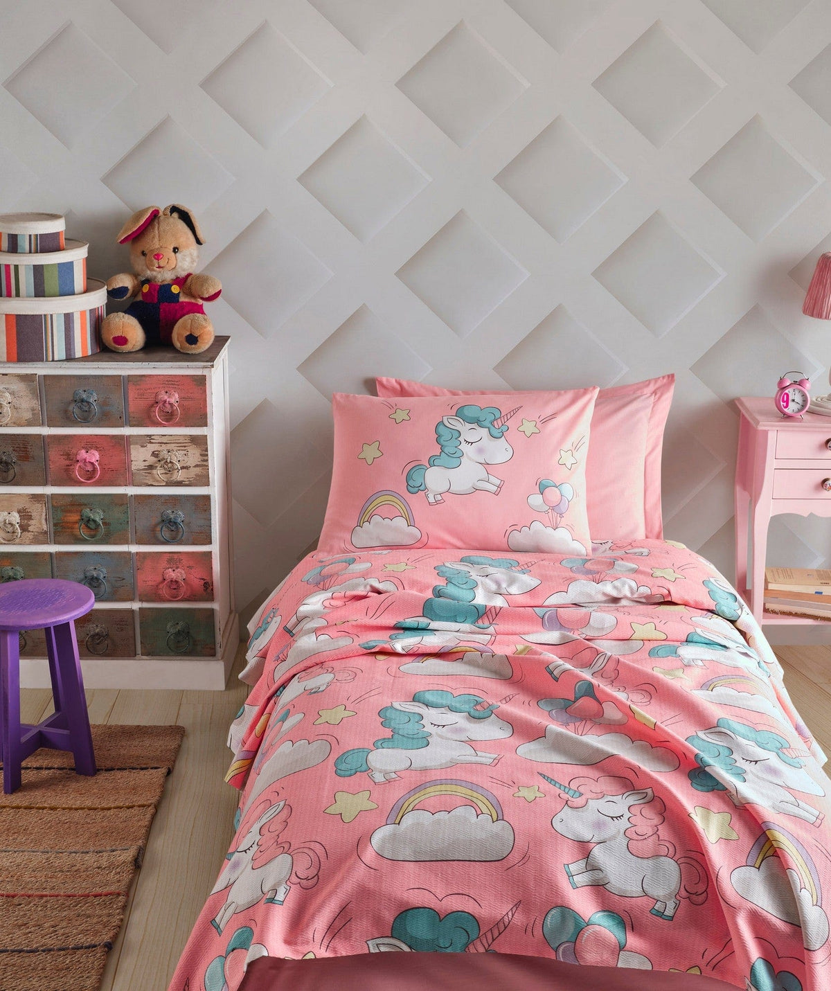 Set cuvertura pat UNICORNIO, roz, bumbac, 160x235 cm, cu cearsaf si fata de perna