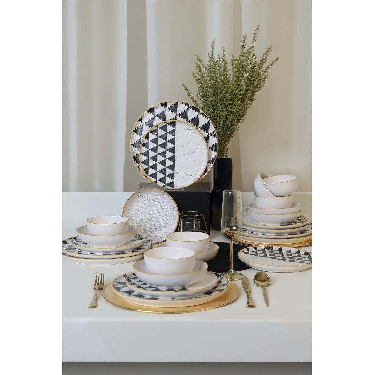 Set de cina 275KRM2339, 24 piese, alb/negru, ceramica