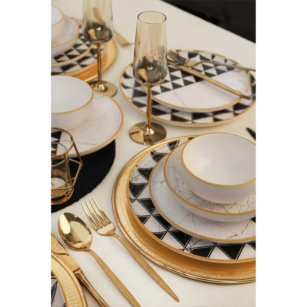 Set de cina 275KRM2339, 24 piese, alb/negru, ceramica
