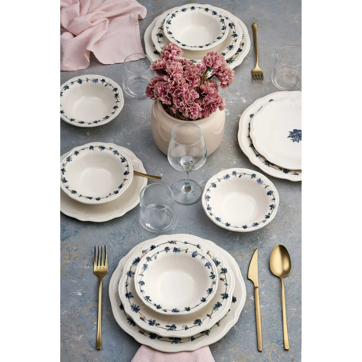 Set de cină ALBASTRUBERRY, 24 piese, alb/albastru/verde, porțelan