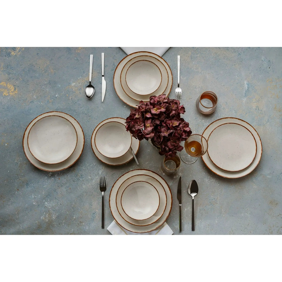 Set de cină GBSATN24KY458KH, 24 piese, alb/maro, porțelan