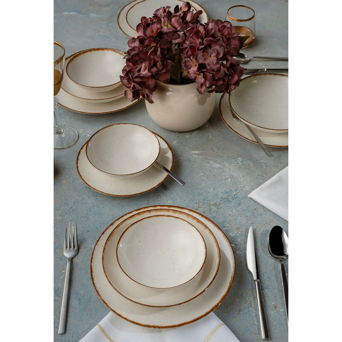Set de cină GBSATN24KY458KH, 24 piese, alb/maro, porțelan
