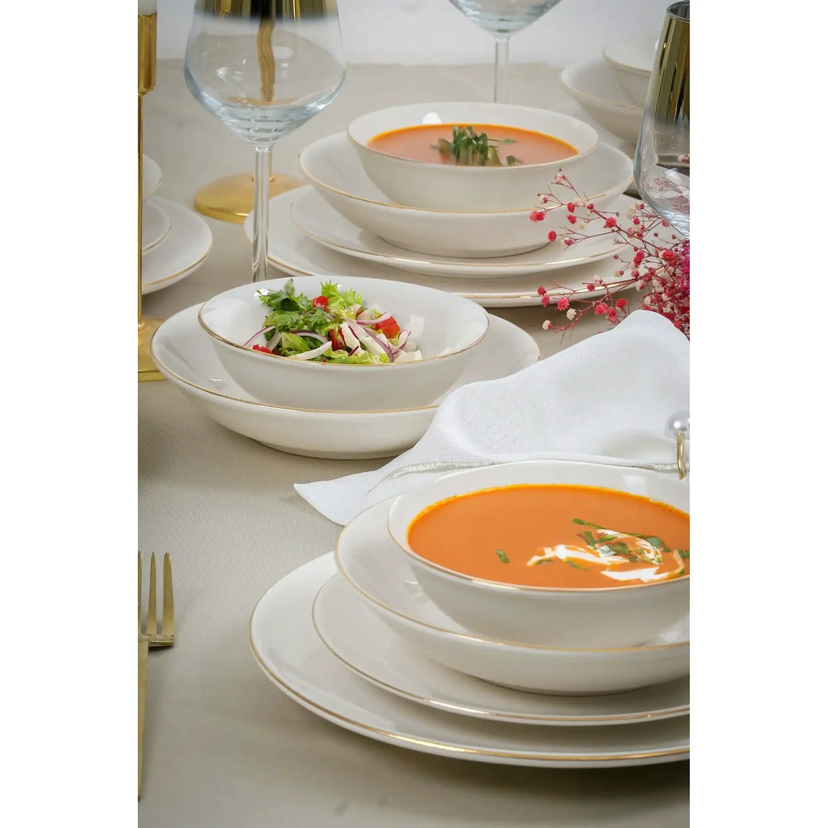 Set de cină HAYAL 24, 24 piese, alb/auriu, porțelan