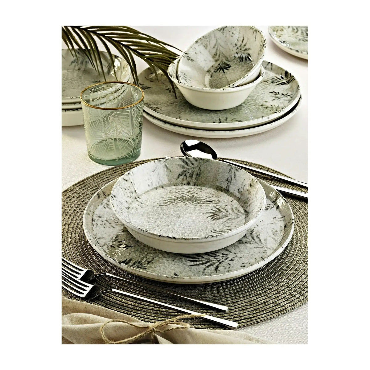 Set de cina MCH-06-12-PRC, 12 piese, alb/verde, portelan