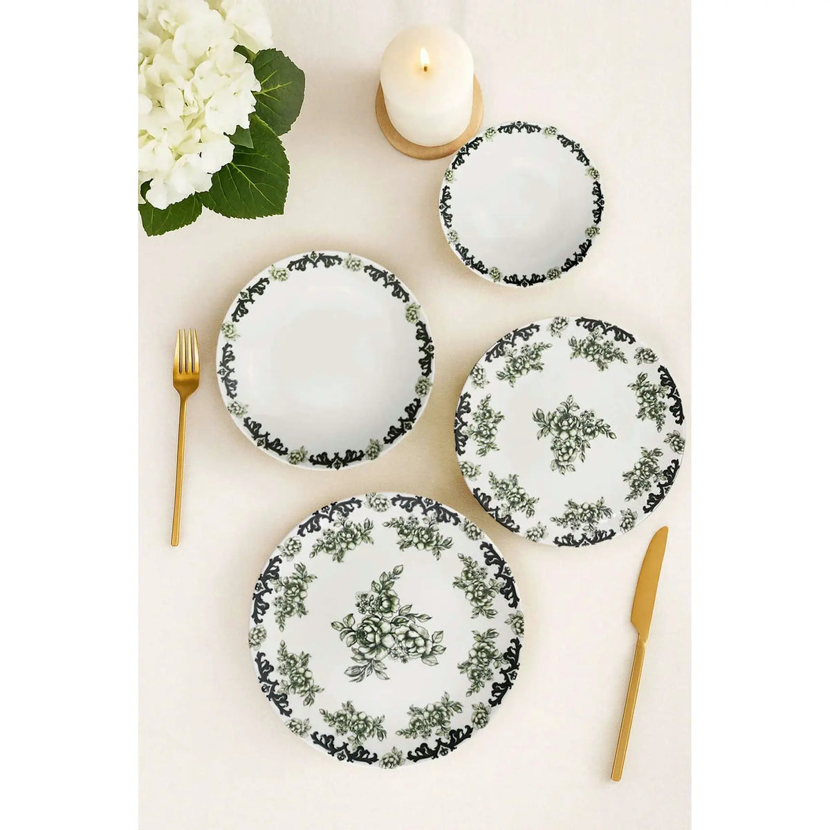 Set de cină MCH0011192, 24 piese, kaki/mentă, porțelan