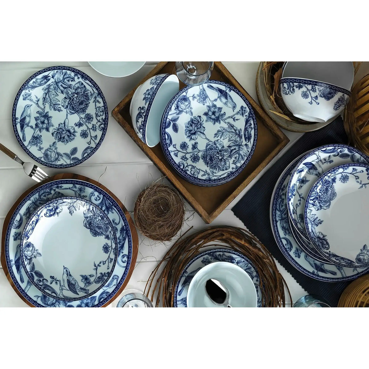 Set de cină ZG24Y2420939016, 24 piese, albastru/alb, porțelan