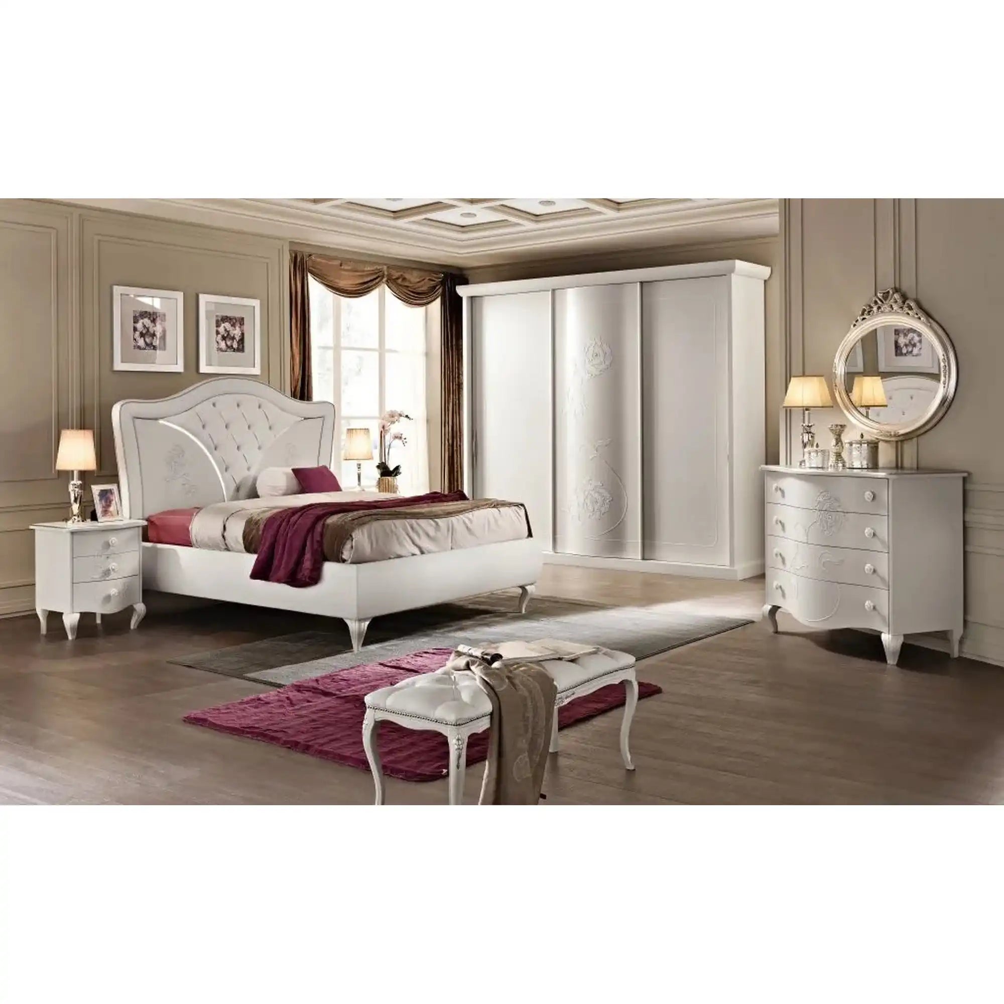 Set dormitor BRIGITTE, alb, pat 160x200 cm, dressing, 2 noptiere, comoda si oglinda