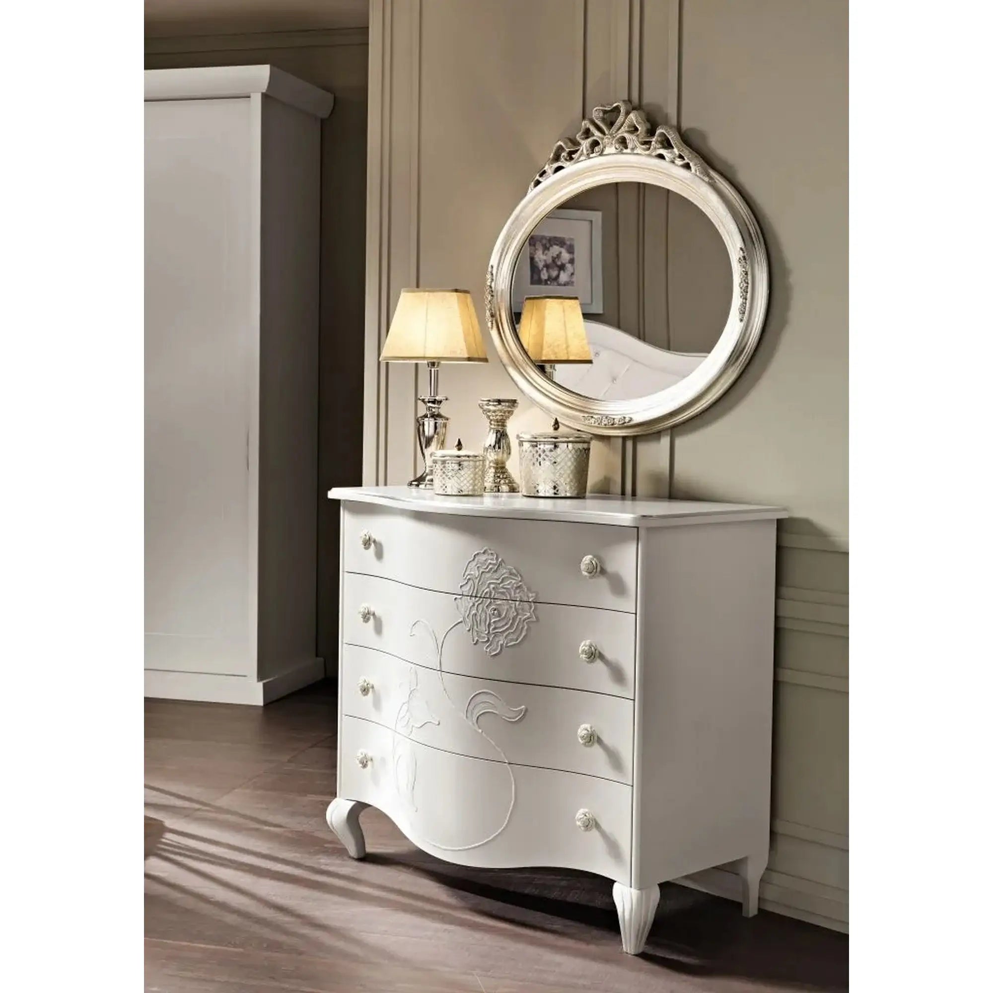 Set dormitor BRIGITTE, alb, pat 160x200 cm, dressing, 2 noptiere, comoda si oglinda