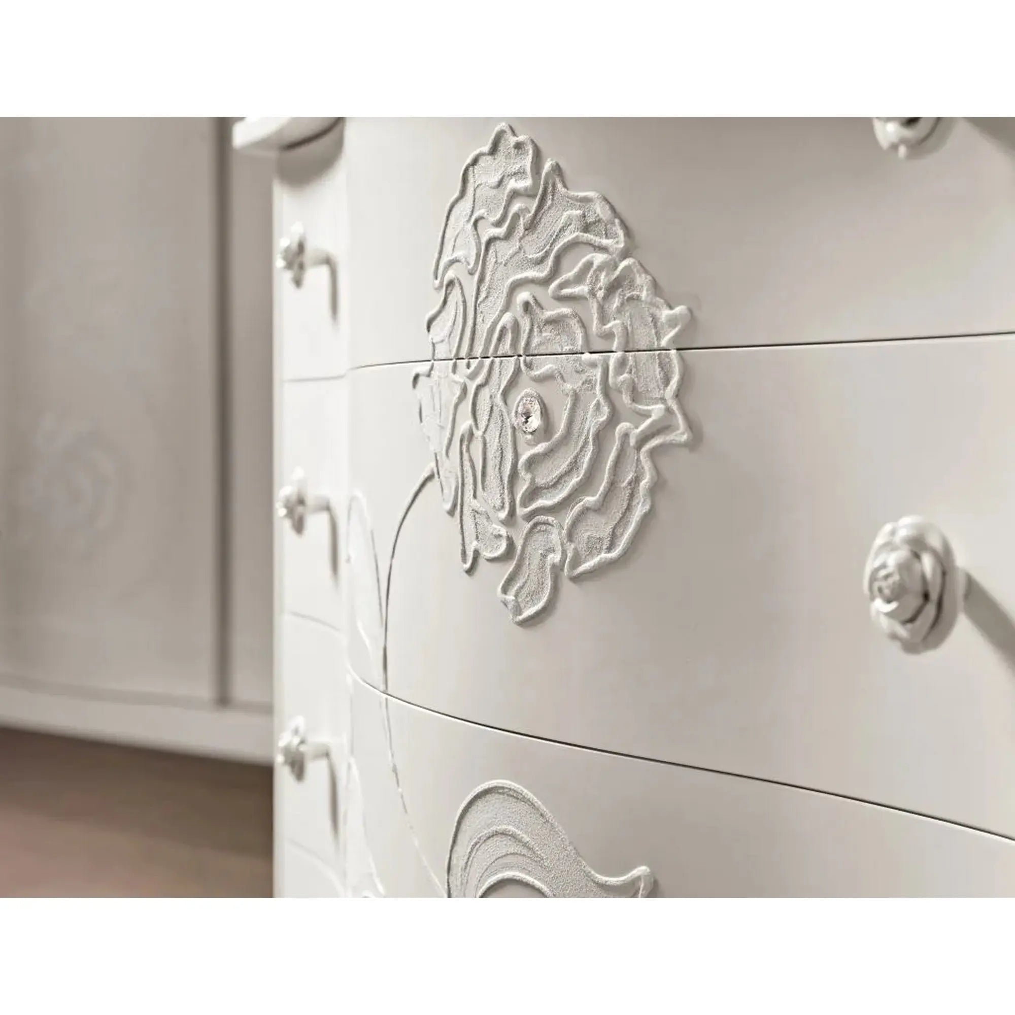 Set dormitor BRIGITTE, alb, pat 160x200 cm, dressing, 2 noptiere, comoda si oglinda