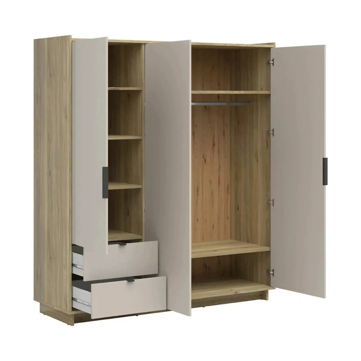 Set dormitor DALVA, stejar/casmir, pat 160x200, dulap cu 3 usi si 2 sertare, 2 noptiere si o comoda