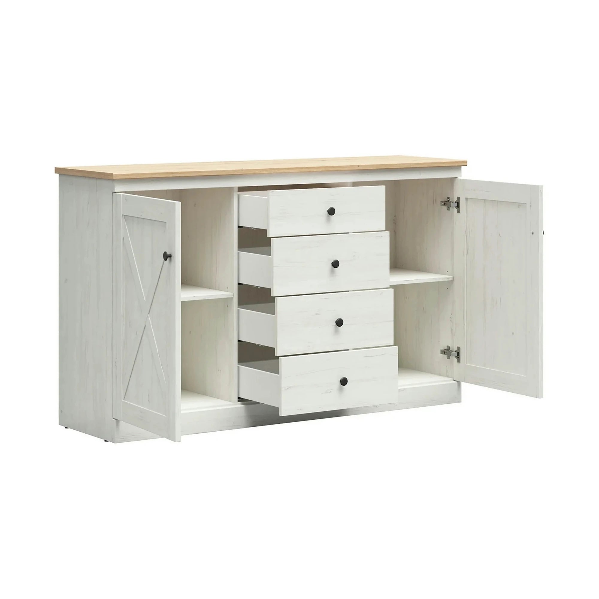 Set dormitor FRIJA, pin alb andersen/stejar artisan, pat 160x200, dulap cu 4 usi, 2 noptiere si comoda