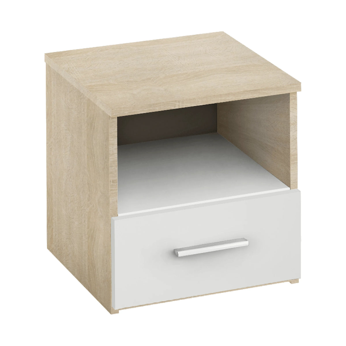 Set dormitor GABRIELA NEW, stejar sonoma/alb, DTD laminat/metal, cu pat 180x200 , dulap cu 2 usi si 2 noptiere