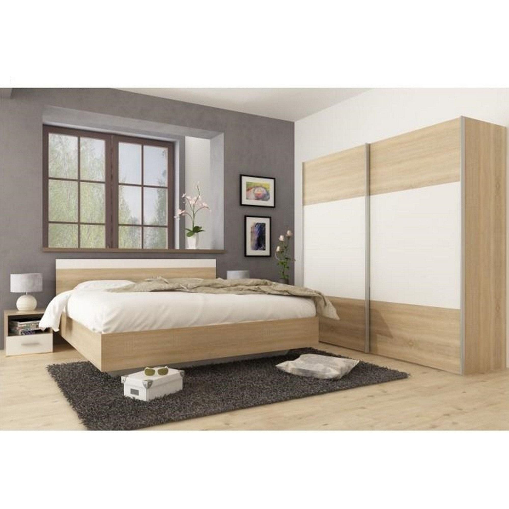 Set dormitor GABRIELA NEW, stejar sonoma/alb, DTD laminat/metal, cu pat 180x200 , dulap cu 2 usi si 2 noptiere