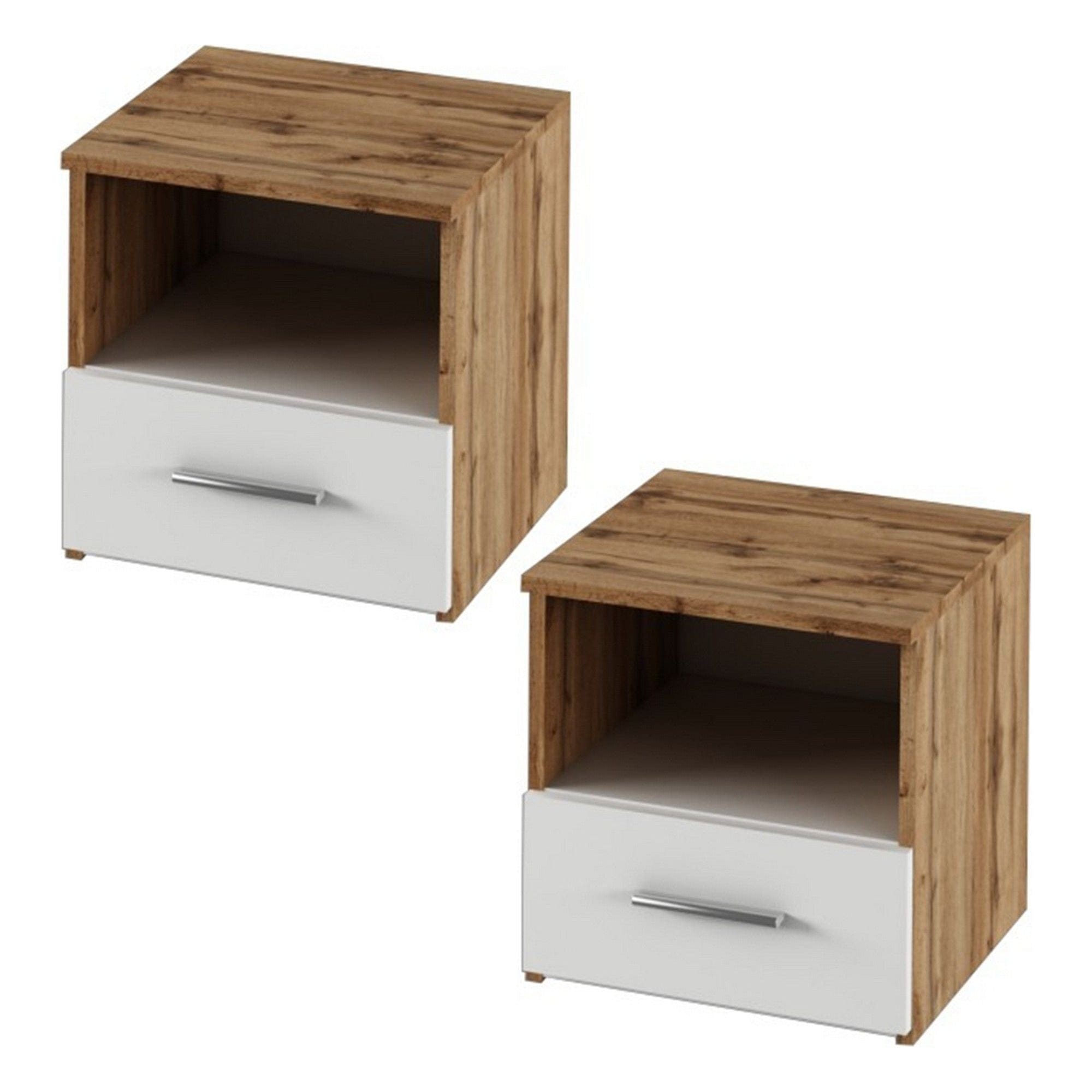 Set dormitor GABRIELA NEW, stejar wotan/alb, DTD laminat/metal, cu pat 180x200 cm, dulap cu 2 usi si 2 noptiere