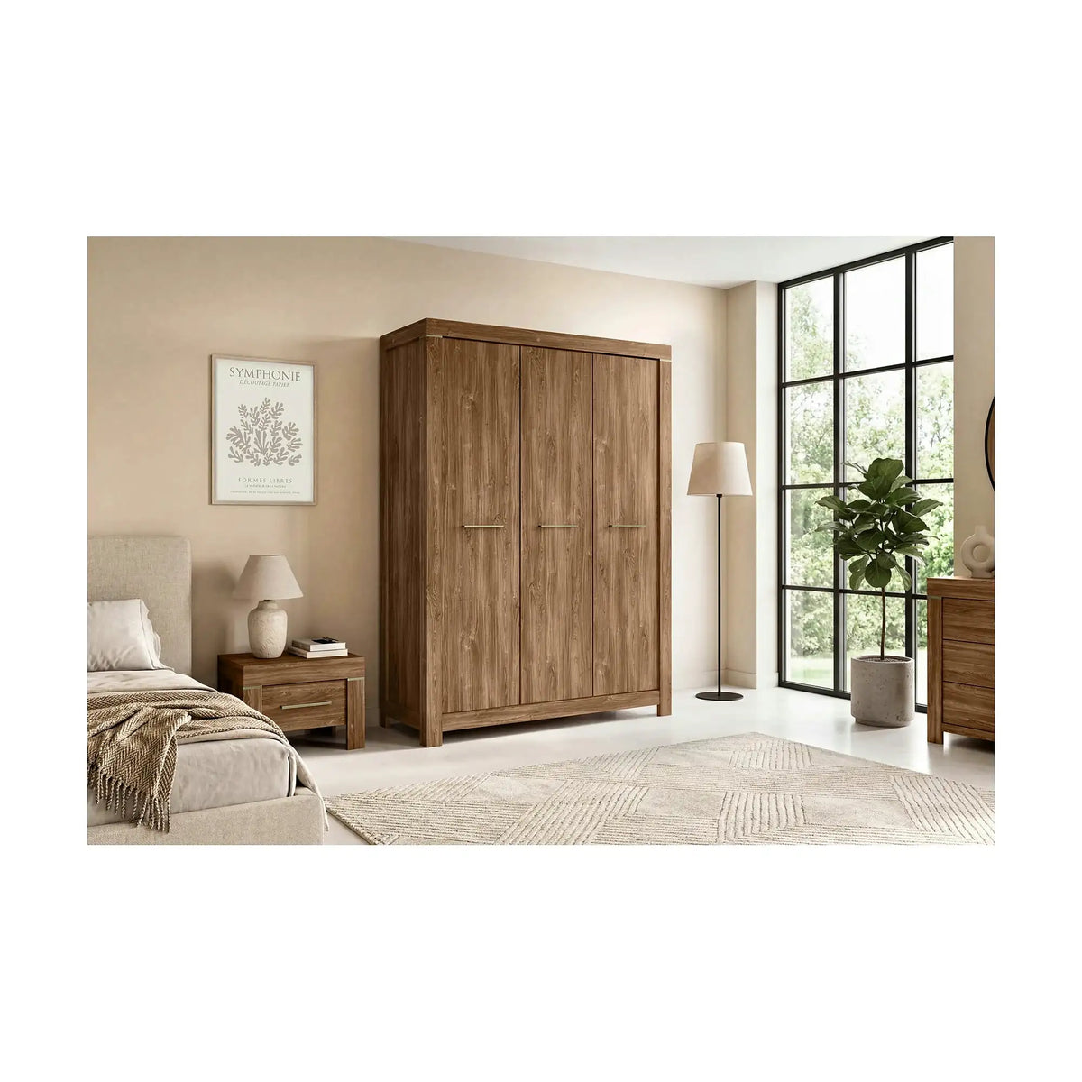 Set dormitor GENT si pat COSALA III 140x200, stejar/bej, dulap cu 3 usi, 2 noptiere si o comoda