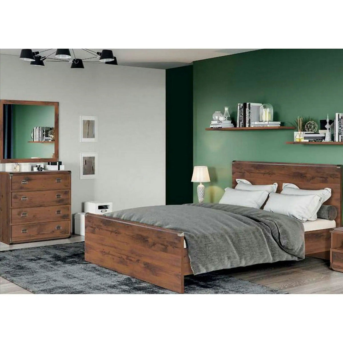 Set dormitor INDIANA, stejar sutter, cu pat 120x200, comoda cu 4 sertare si oglinda