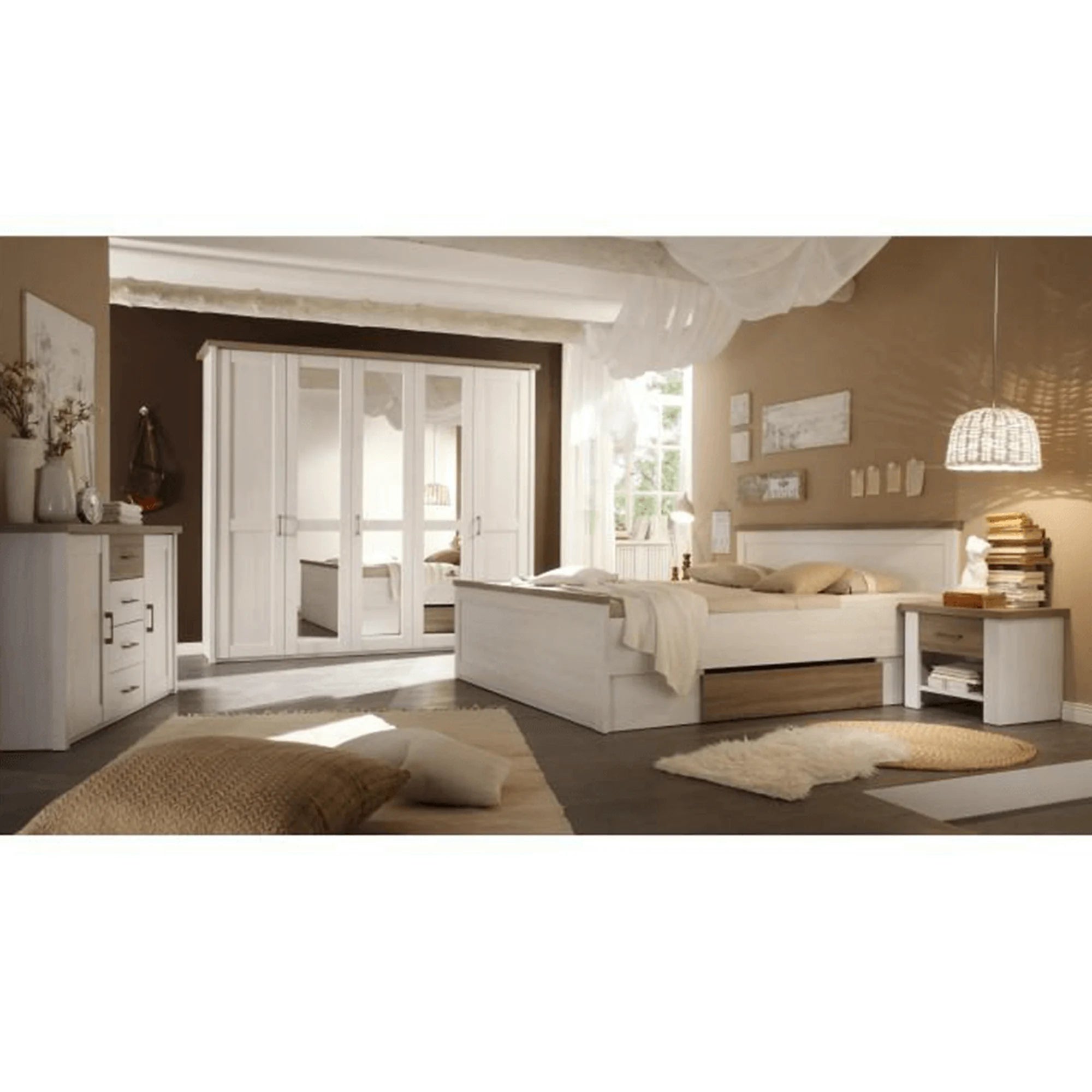 Set dormitor LUMERA, pin alb/stejar sonoma, PAL laminat, cu pat 180x200, dulap cu 5 usi si 2 noptiere