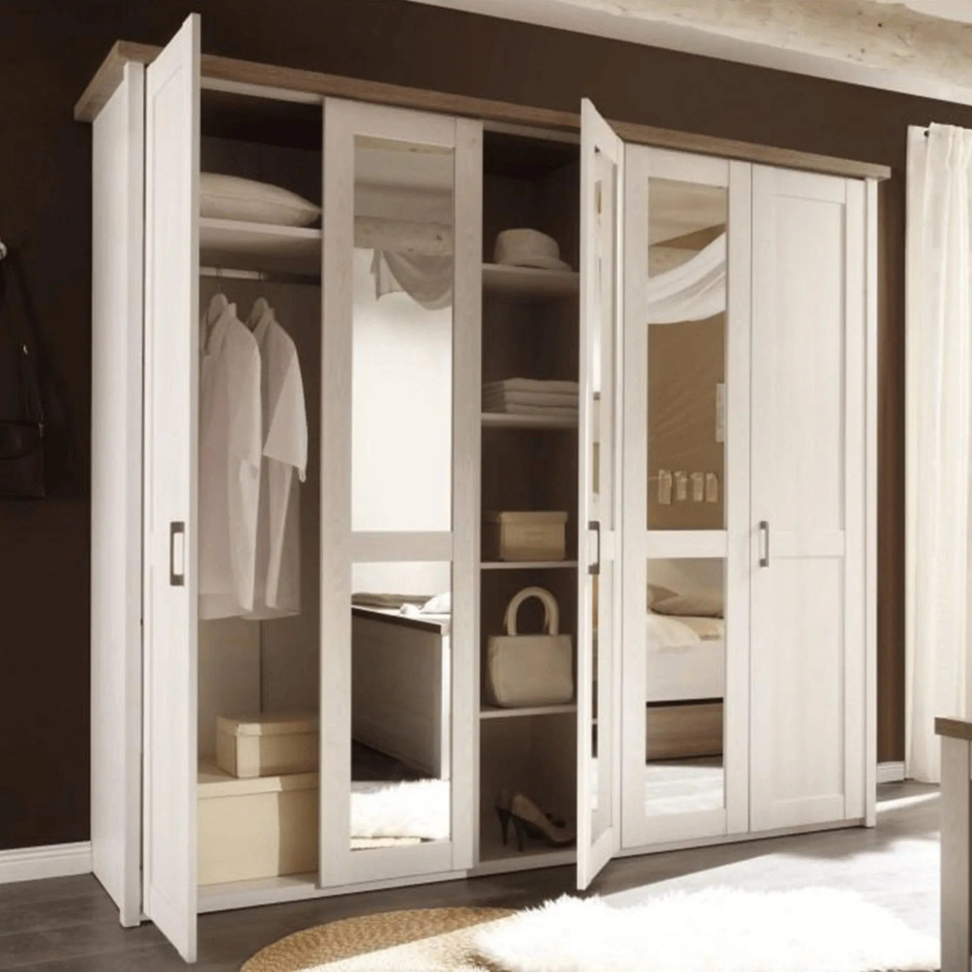 Set dormitor LUMERA, pin alb/stejar sonoma, PAL laminat, cu pat 180x200, dulap cu 5 usi si 2 noptiere