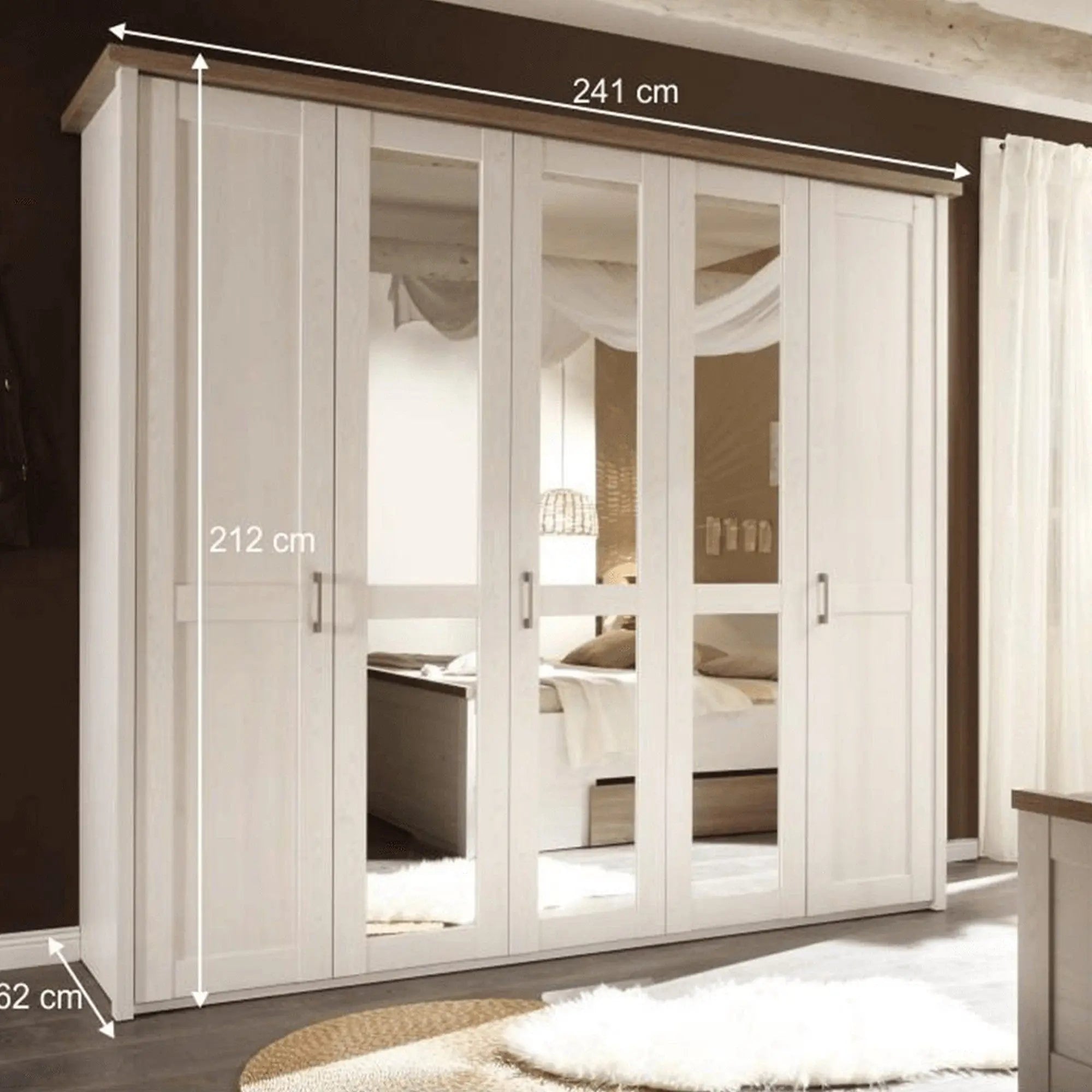 Set dormitor LUMERA, pin alb/stejar sonoma, PAL laminat, cu pat 180x200, dulap cu 5 usi si 2 noptiere