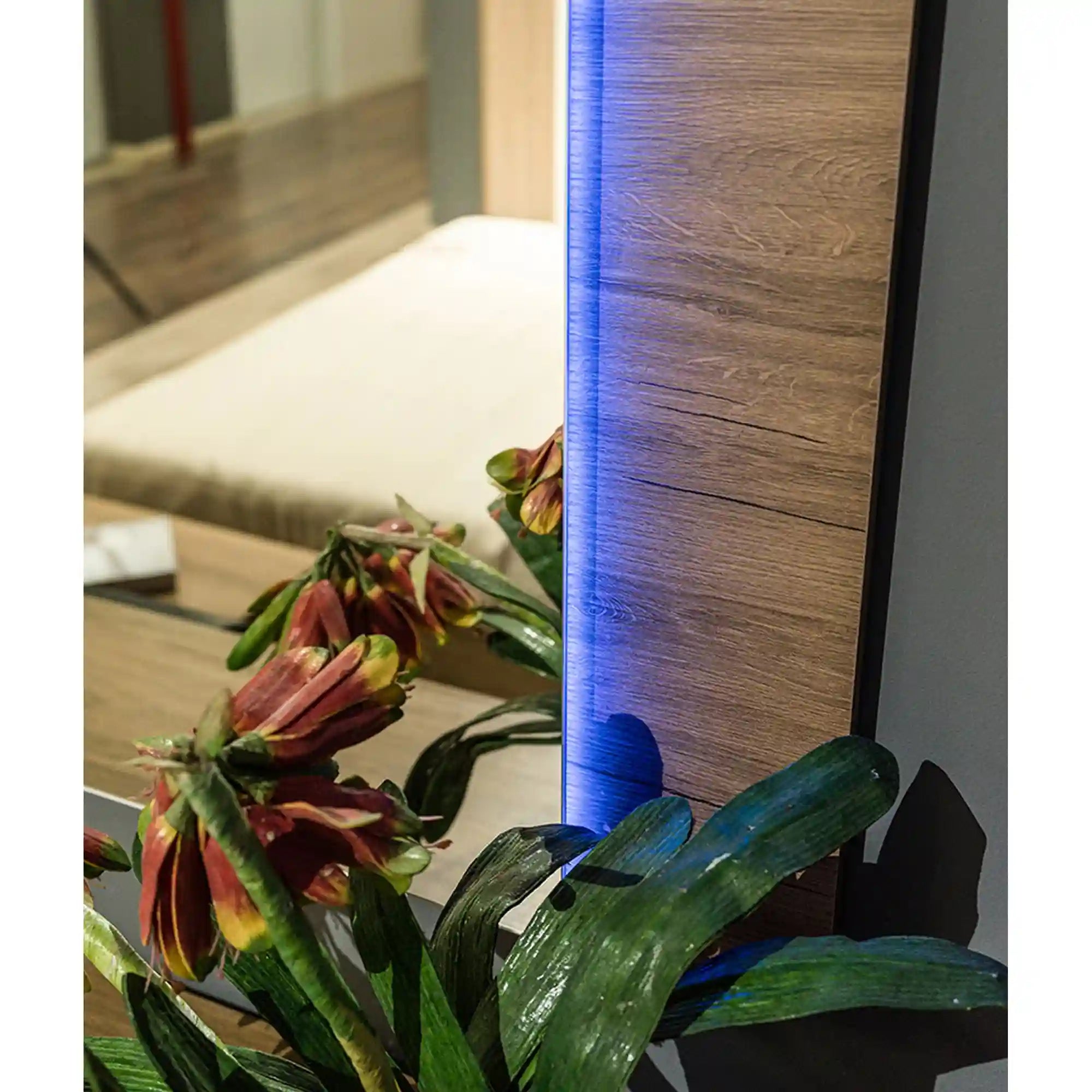 Set dormitor MOZART, negru/stejar, pat 160x200 cm, dressing, 2 noptiere, comoda, oglinda si iluminare LED