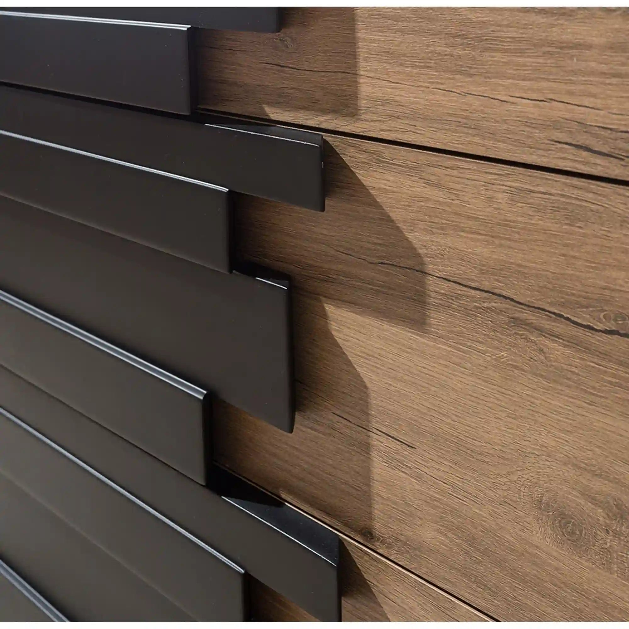 Set dormitor MOZART, negru/stejar, pat 160x200 cm, dressing, 2 noptiere, comoda, oglinda si iluminare LED