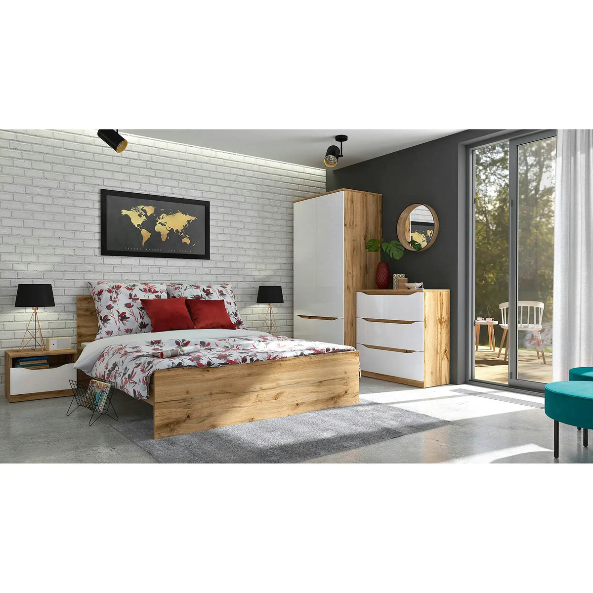 Set dormitor NUIS, stejar wotan/alb lucios, pat 160x200, dulap cu 4 usi, 2 noptiere si o comoda