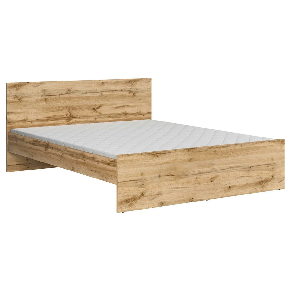 Set dormitor NUIS, stejar wotan/alb lucios, pat 160x200, dulap cu 4 usi, 2 noptiere si o comoda