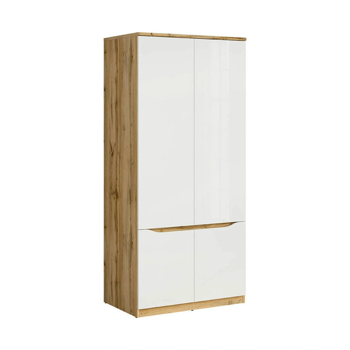 Set dormitor NUIS, stejar wotan/alb lucios, pat 160x200, dulap cu 4 usi, 2 noptiere si o comoda
