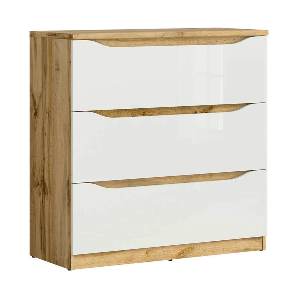 Set dormitor NUIS, stejar wotan/alb lucios, pat 160x200, dulap cu 4 usi, 2 noptiere si o comoda
