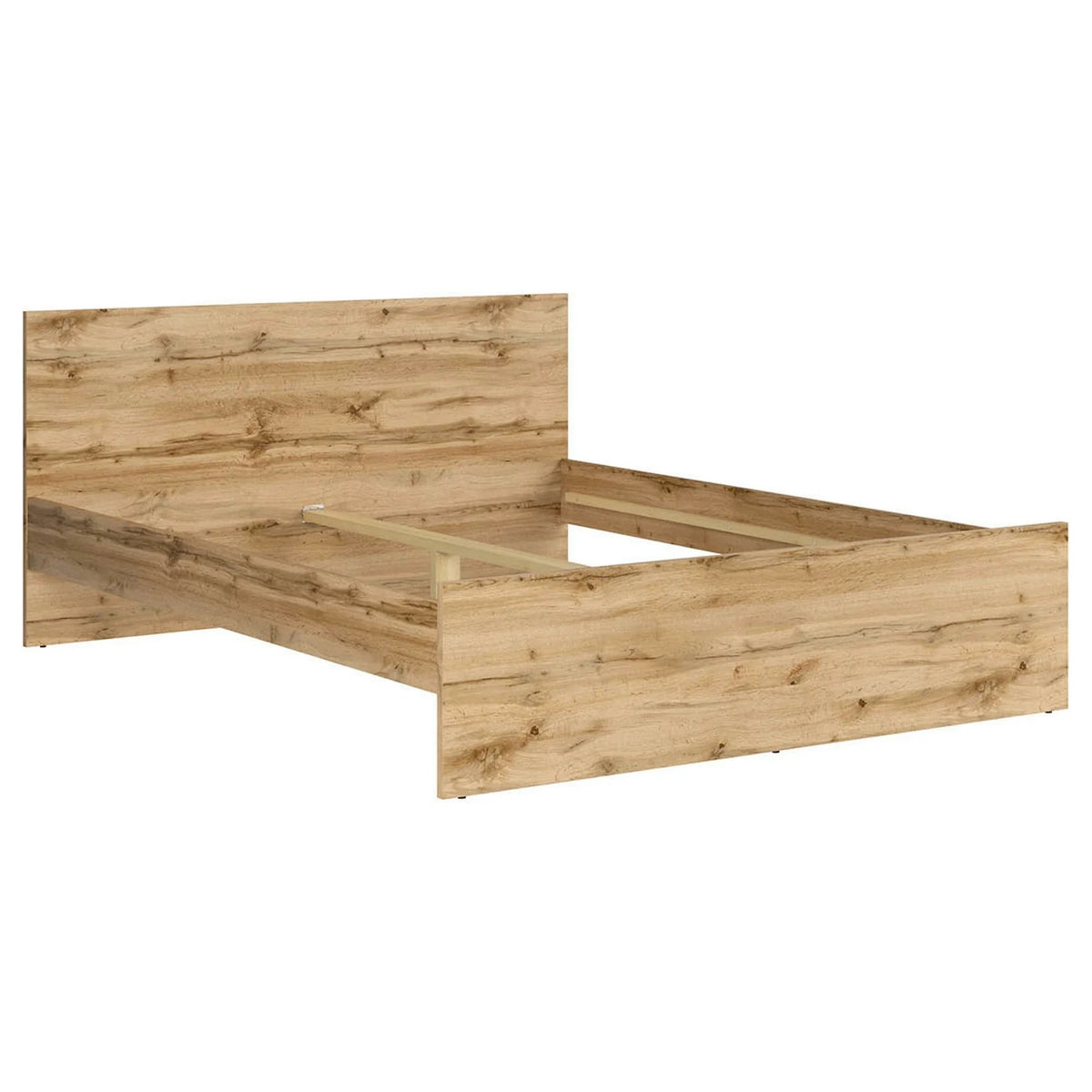 Set dormitor NUIS, stejar wotan/alb lucios, pat 160x200, dulap cu 4 usi, 2 noptiere si o comoda