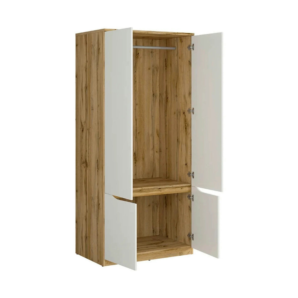 Set dormitor NUIS, stejar wotan/alb lucios, pat 160x200, dulap cu 4 usi, 2 noptiere si o comoda