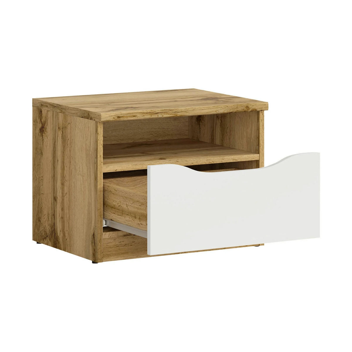 Set dormitor NUIS, stejar wotan/alb lucios, pat 160x200, dulap cu 4 usi, 2 noptiere si o comoda