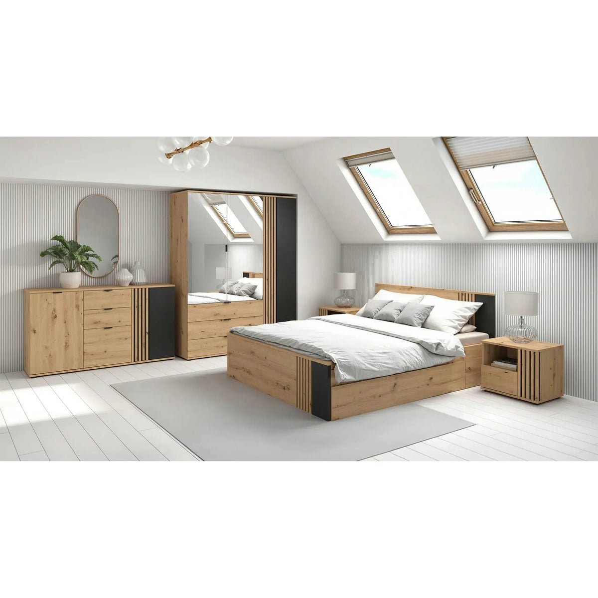 Set dormitor VABRES, stejar artisan/negru mat, pat 160x200, dulap cu 3 usi si 3 sertare, 2 noptiere si o comoda