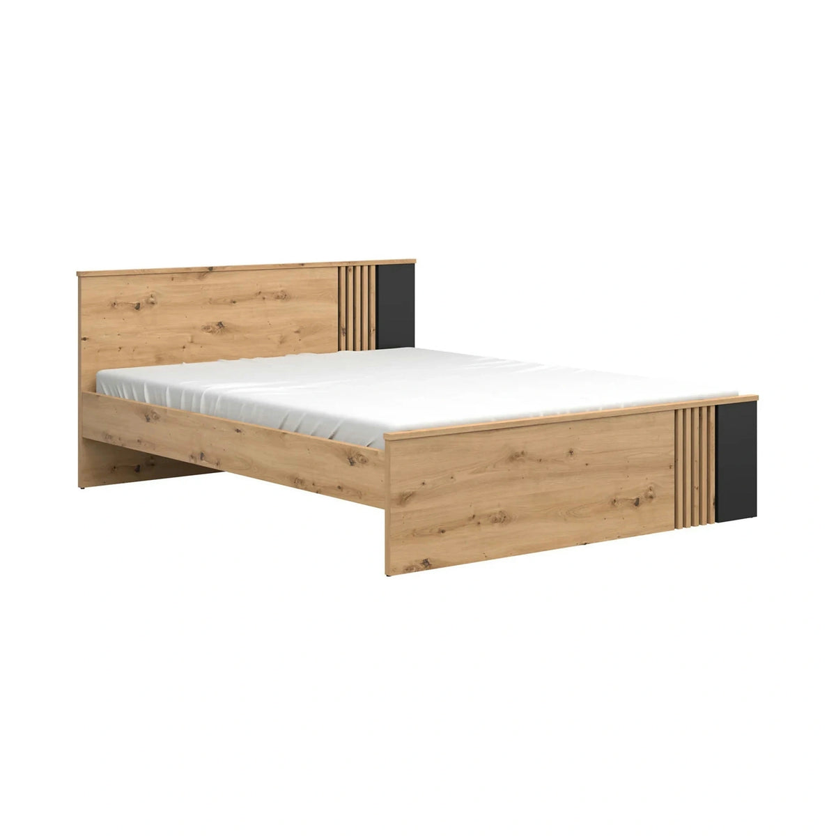 Set dormitor VABRES, stejar artisan/negru mat, pat 160x200, dulap cu 3 usi si 3 sertare, 2 noptiere si o comoda