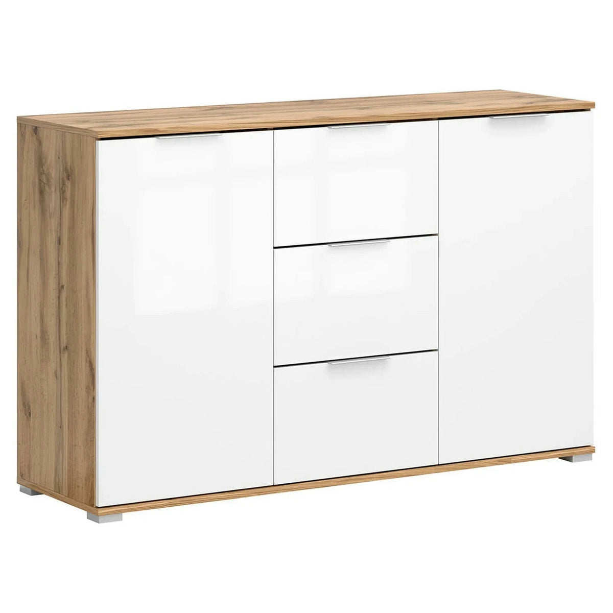 Set dormitor ZELE 2, stejar wotan/alb, pat 160x200, dulap 2 usi si un sertar, 2 noptiere si comoda
