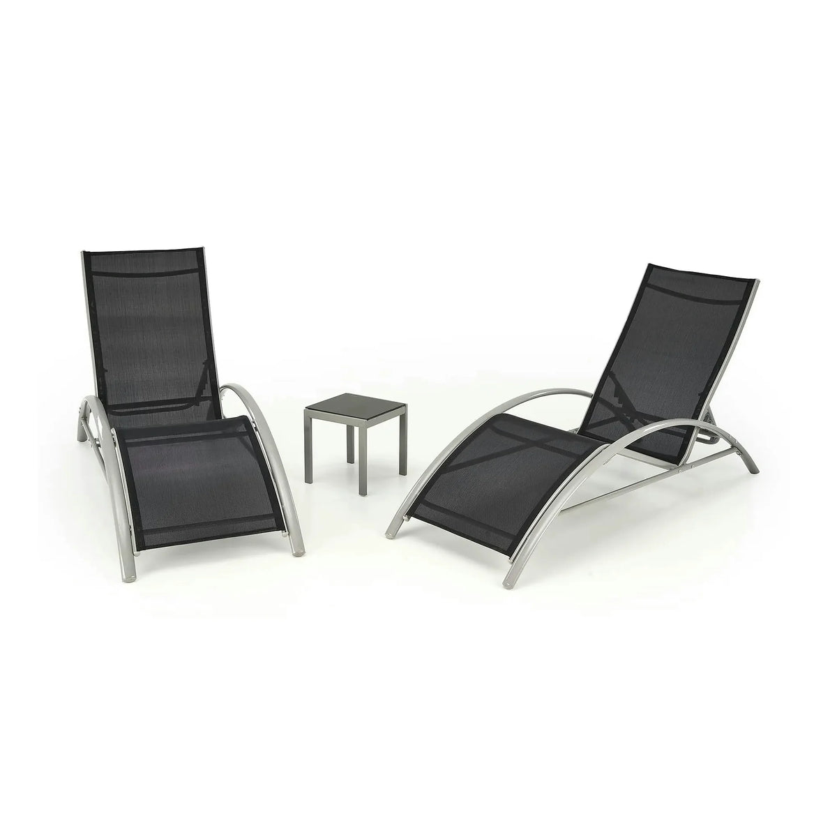 Set gradina EMBOLO, negru/gri, metal/panza, cu masuta si 2 sezlonguri