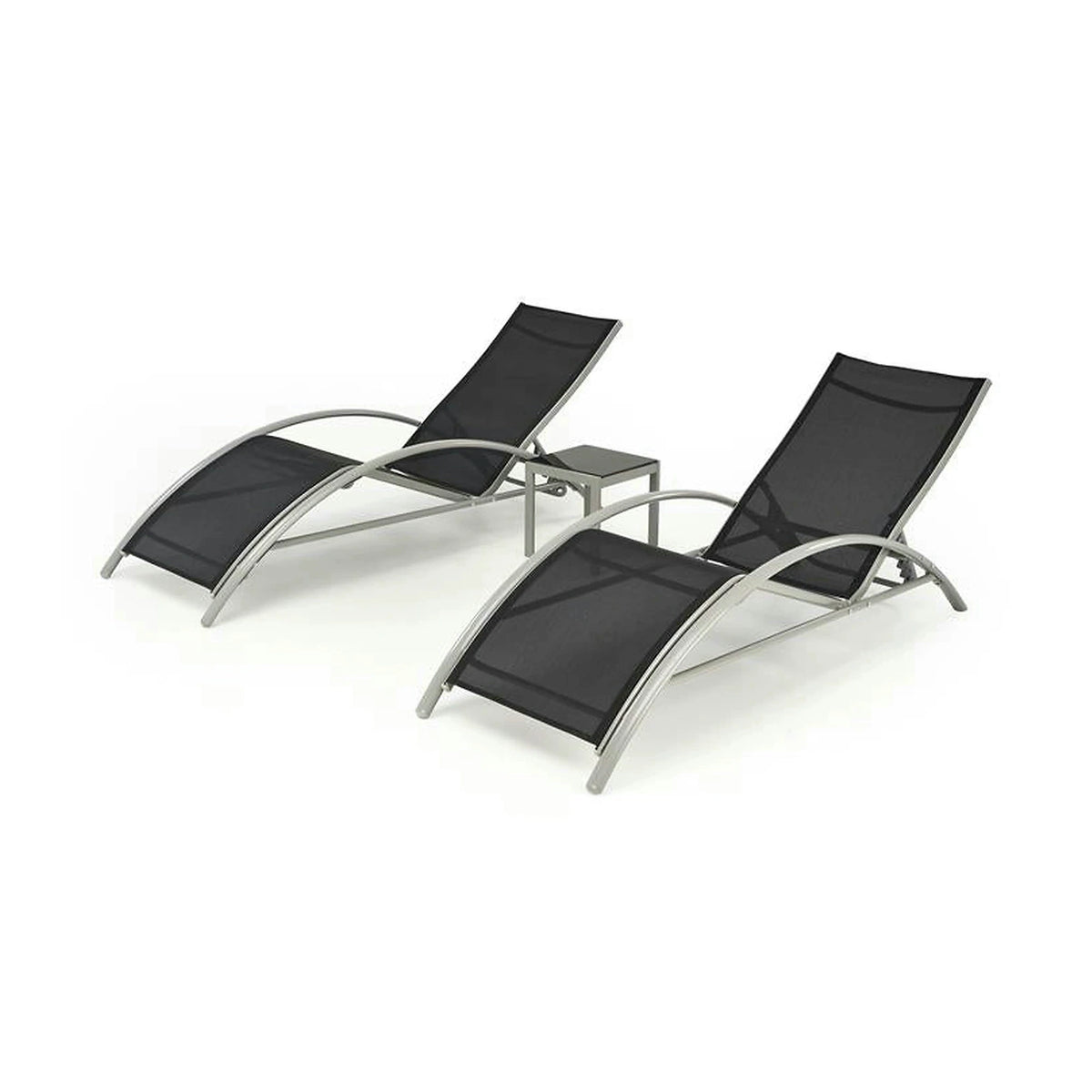 Set gradina EMBOLO, negru/gri, metal/panza, cu masuta si 2 sezlonguri