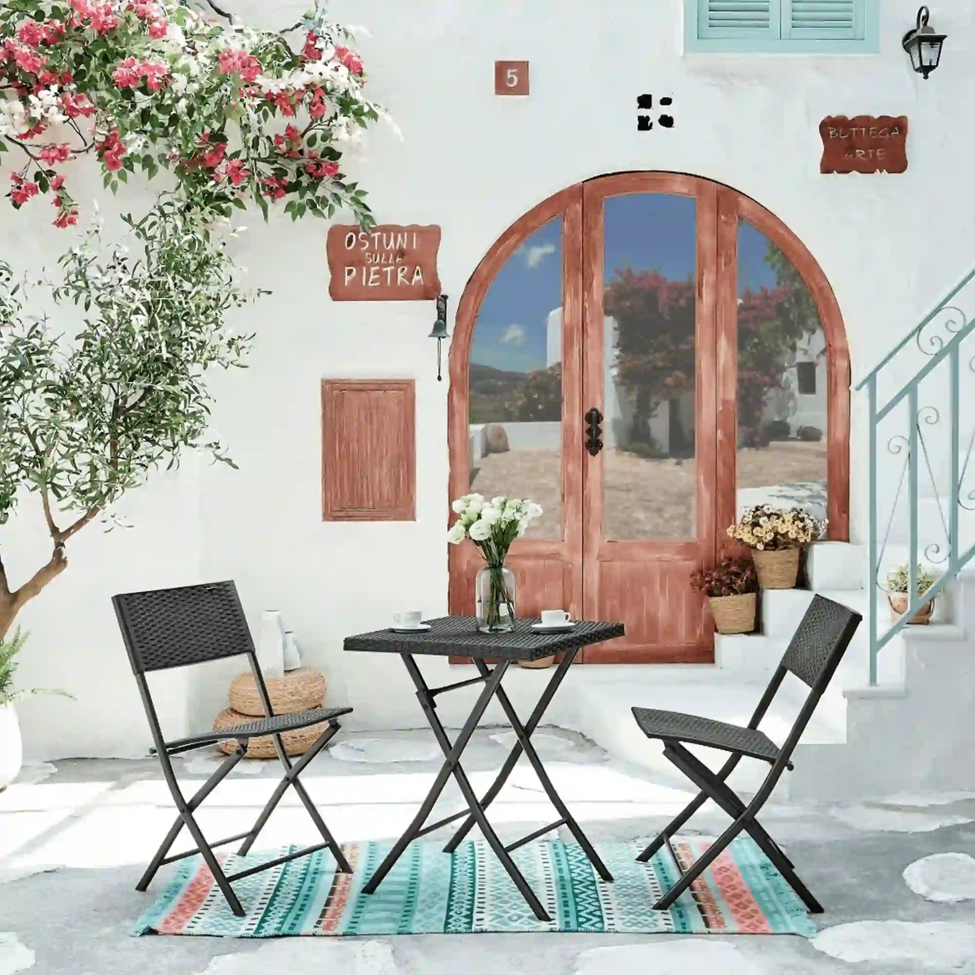 Set gradina FARUK, negru, ratan artificial/otel, cu masuta si 2 scaune