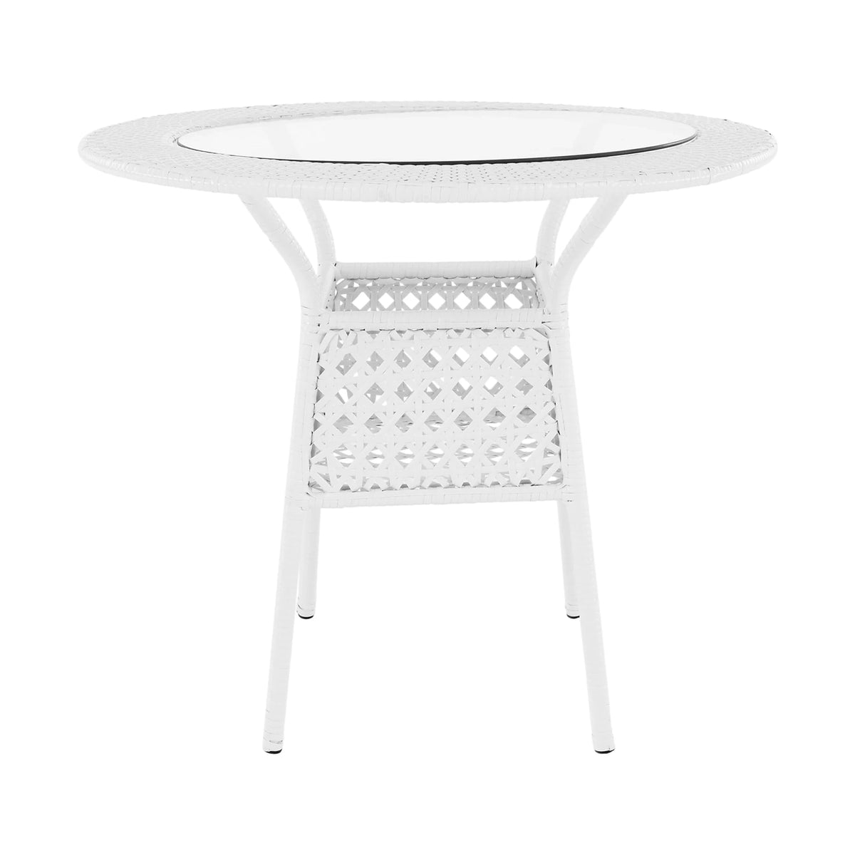Set gradina KOVEN, alb, ratan sintetic/sticla temperata/otel, cu masuta si 4 scaune