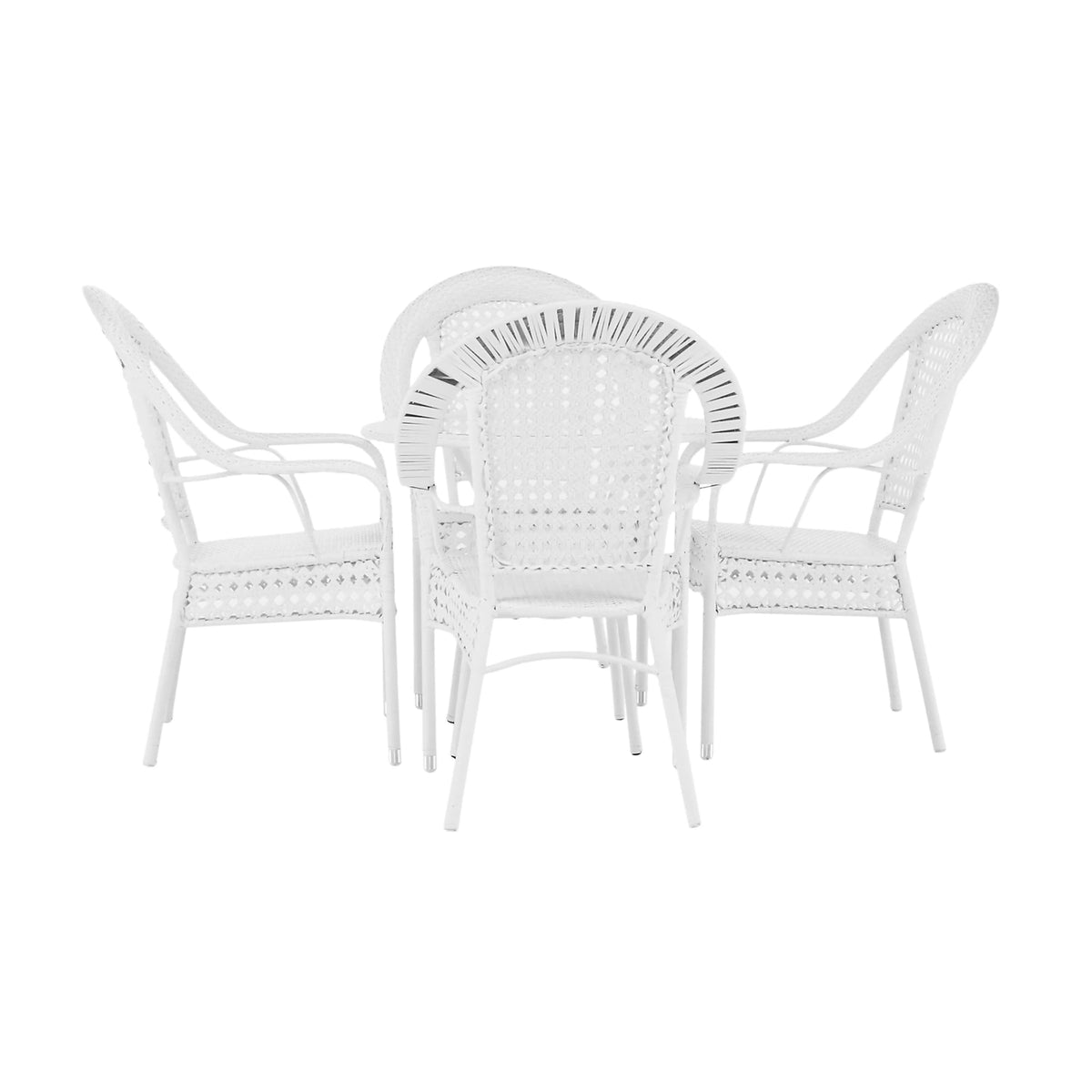 Set gradina KOVEN, alb, ratan sintetic/sticla temperata/otel, cu masuta si 4 scaune