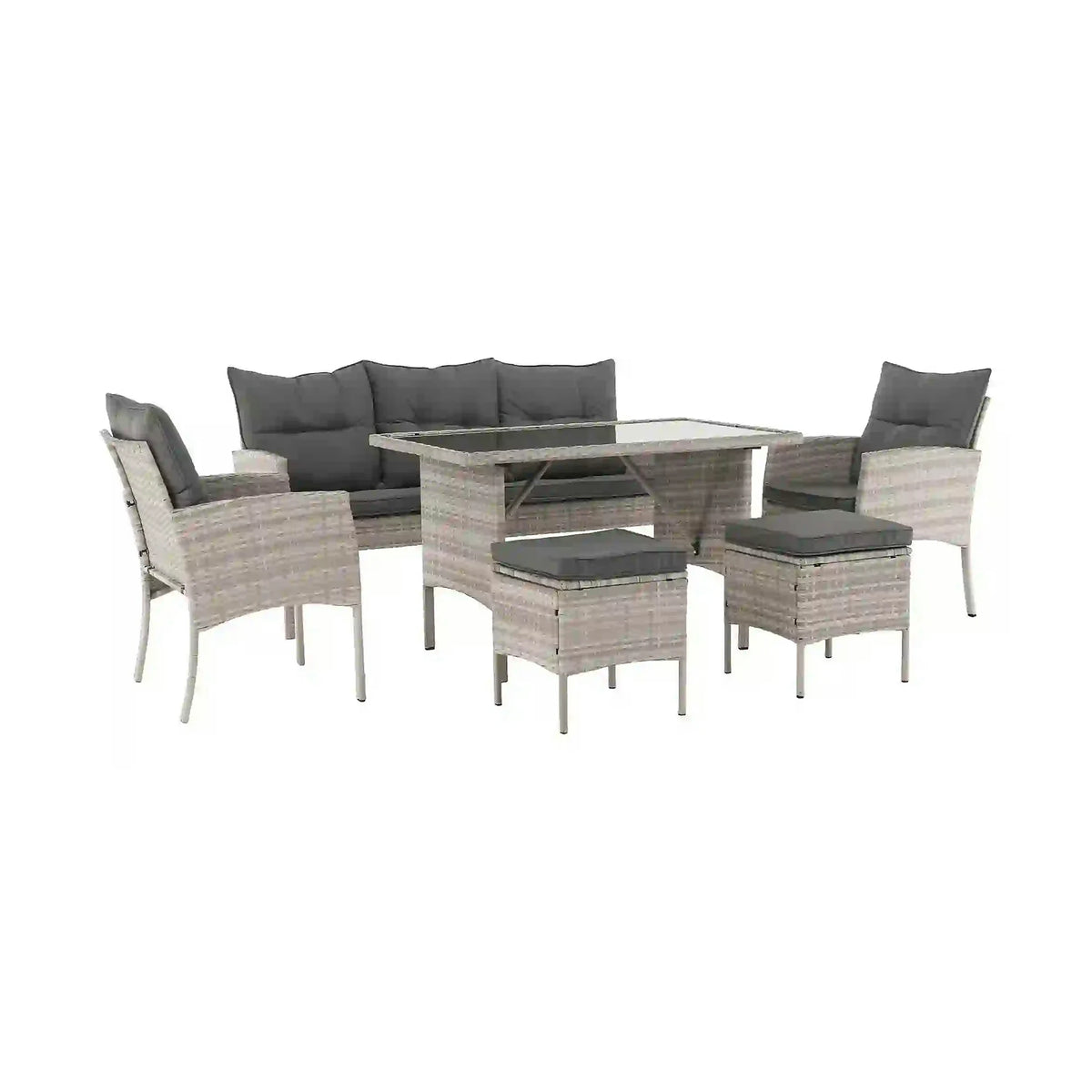 Set gradina LALEN, gri, ratan sintetic/metal/sticla temperata, cu masa, 2 scaune, 2 taburete si canapea