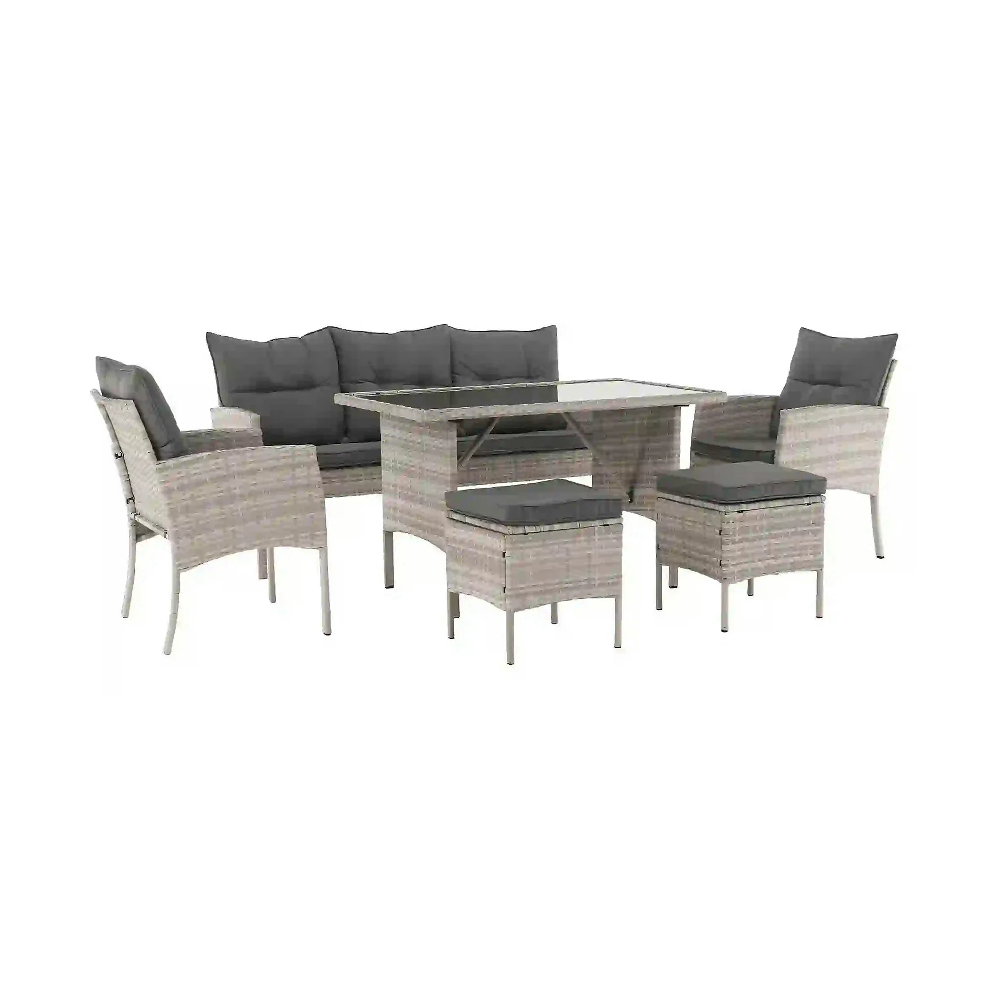 Set gradina LALEN, gri, ratan sintetic/metal/sticla temperata, cu masa, 2 scaune, 2 taburete si canapea