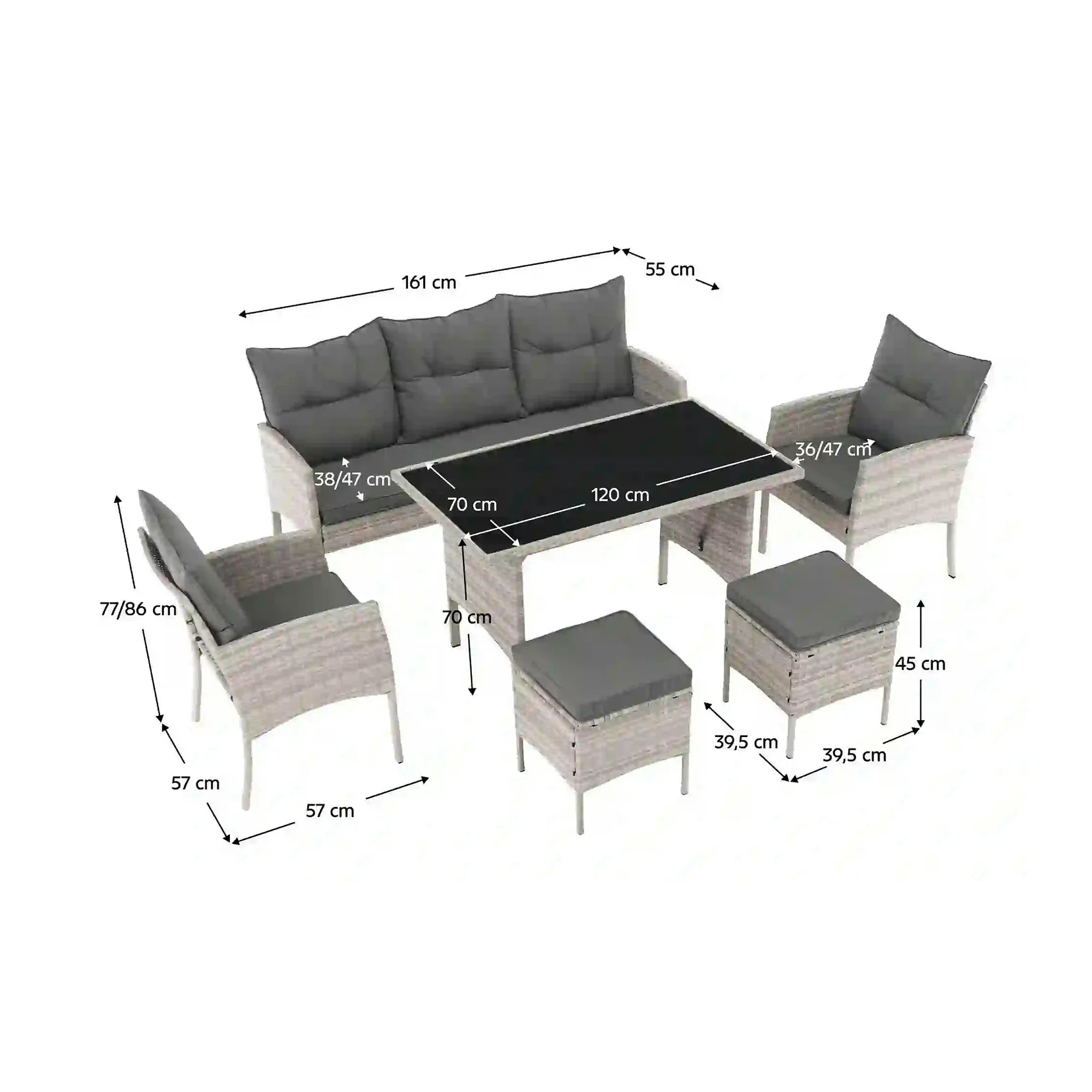 Set gradina LALEN, gri, ratan sintetic/metal/sticla temperata, cu masa, 2 scaune, 2 taburete si canapea
