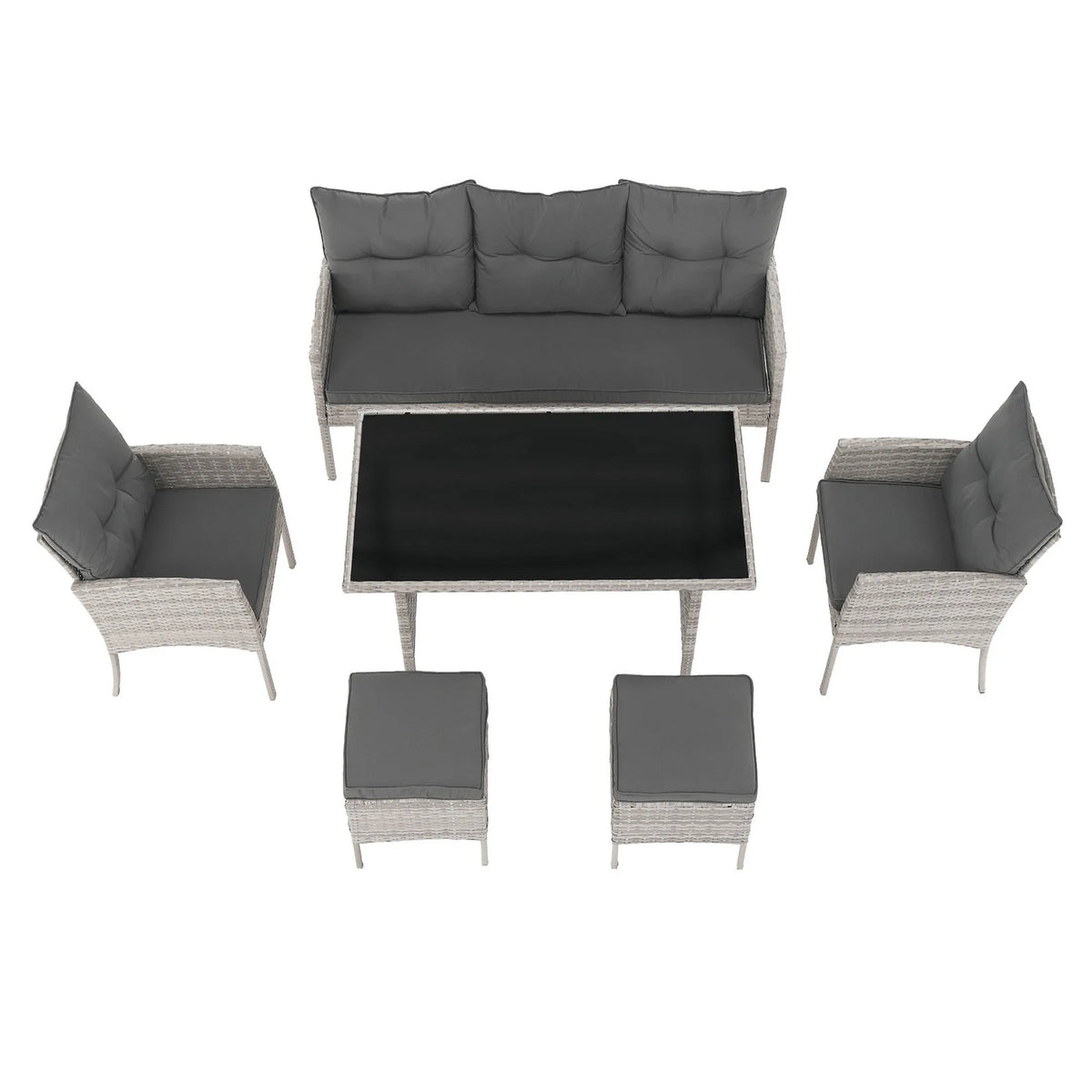 Set gradina LALEN, gri, ratan sintetic/metal/sticla temperata, cu masa, 2 scaune, 2 taburete si canapea