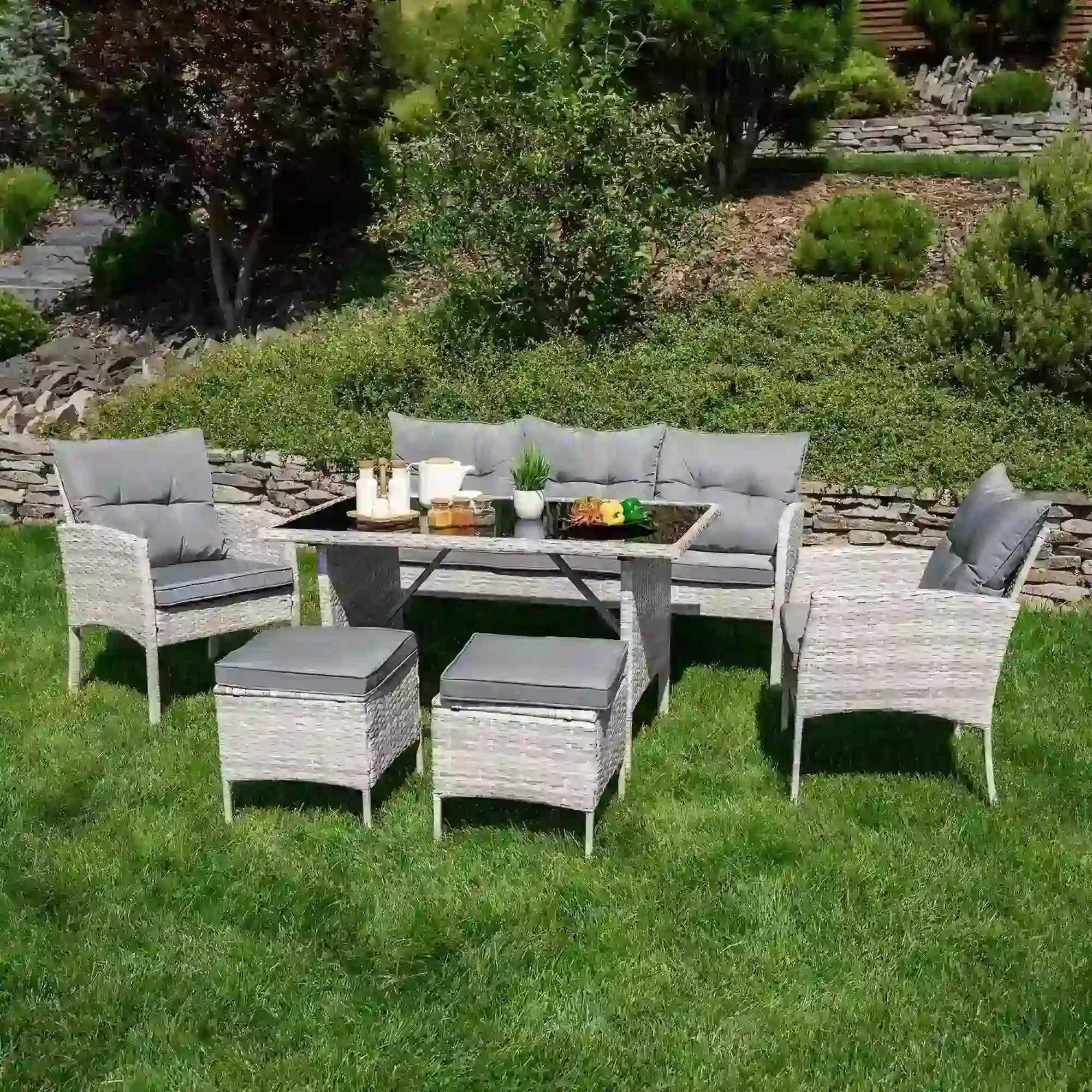 Set gradina LALEN, gri, ratan sintetic/metal/sticla temperata, cu masa, 2 scaune, 2 taburete si canapea