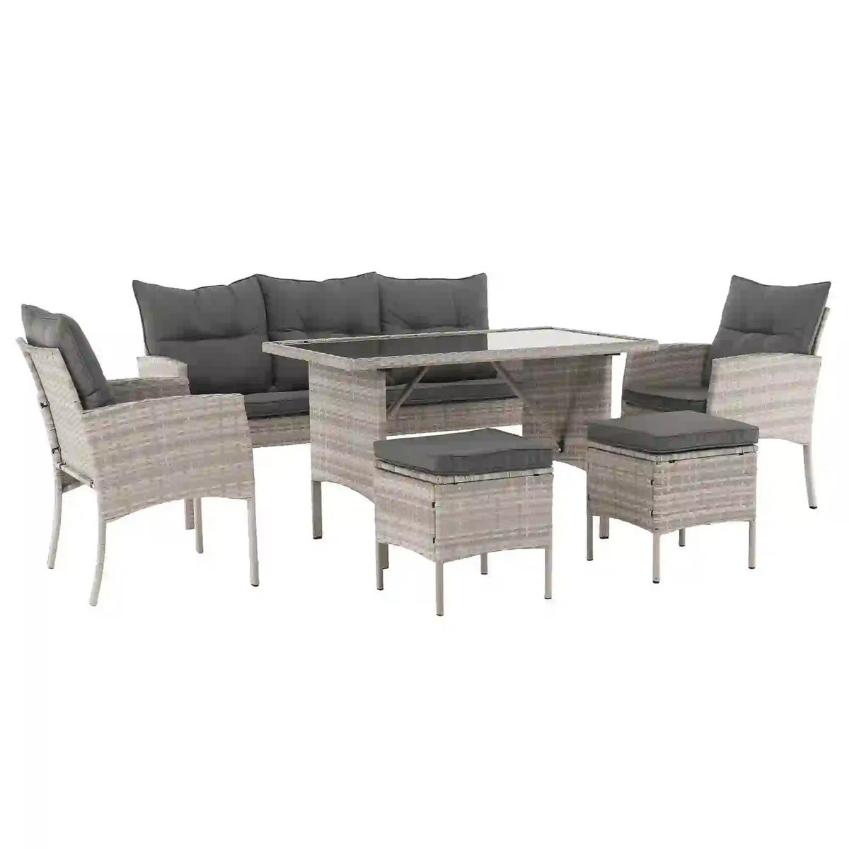Set gradina LALEN, gri, ratan sintetic/metal/sticla temperata, cu masa, 2 scaune, 2 taburete si canapea