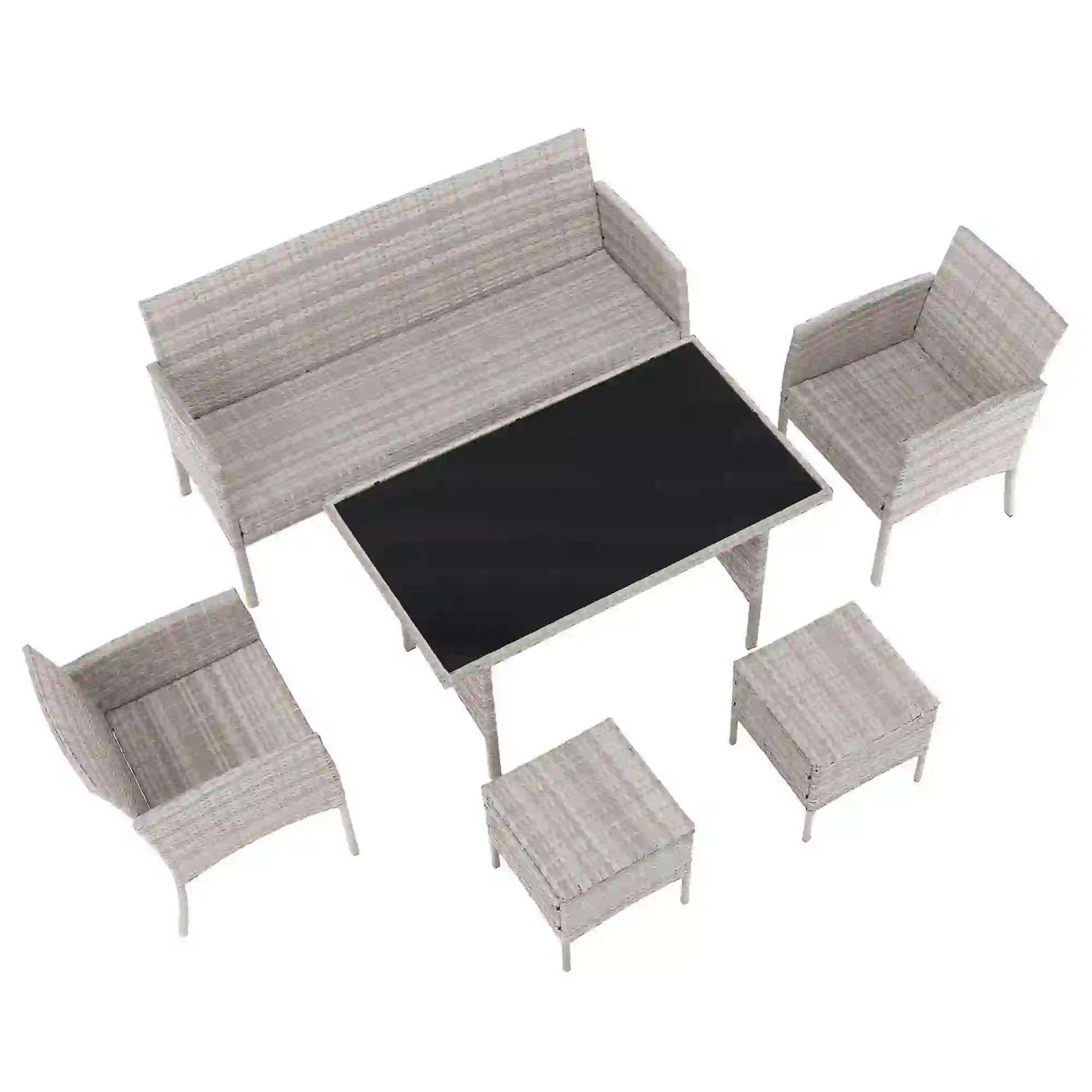 Set gradina LALEN, gri, ratan sintetic/metal/sticla temperata, cu masa, 2 scaune, 2 taburete si canapea