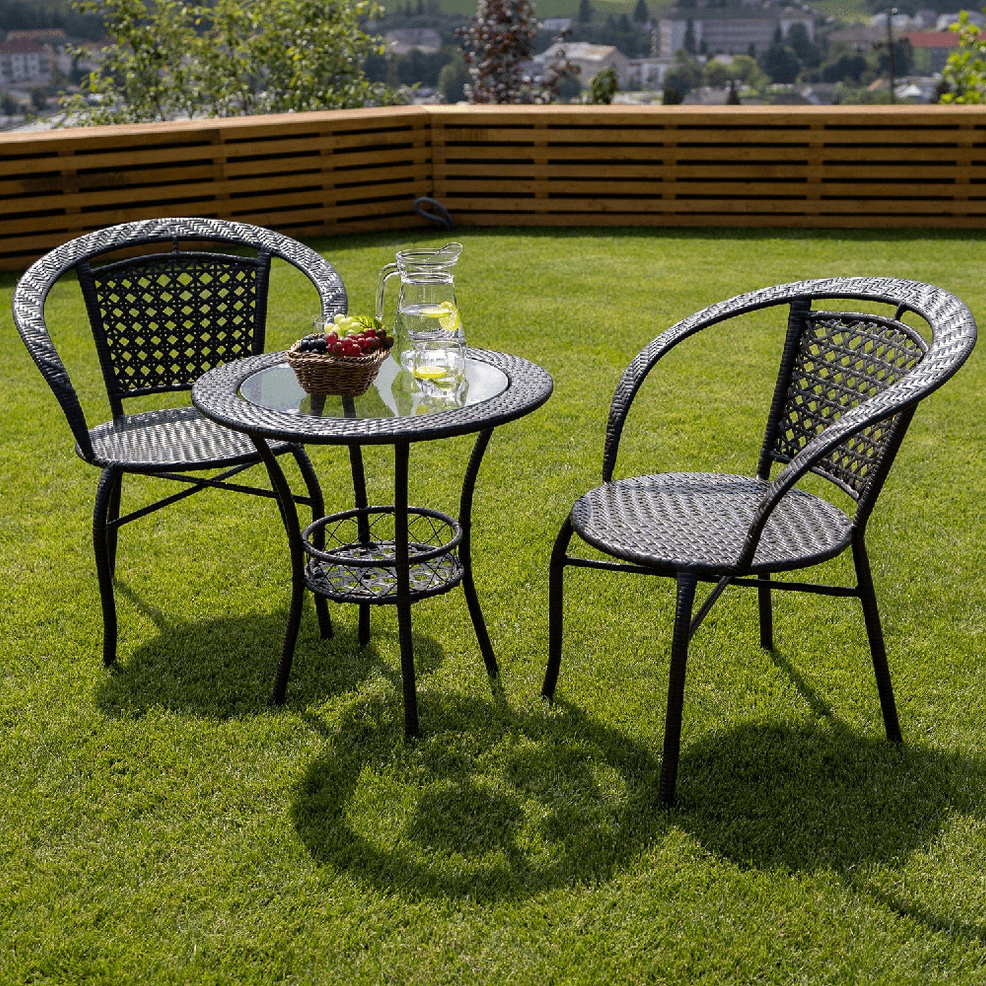 Set gradina LASAN, maro, ratan sintetic/sticla/otel, cu masuta si 2 scaune