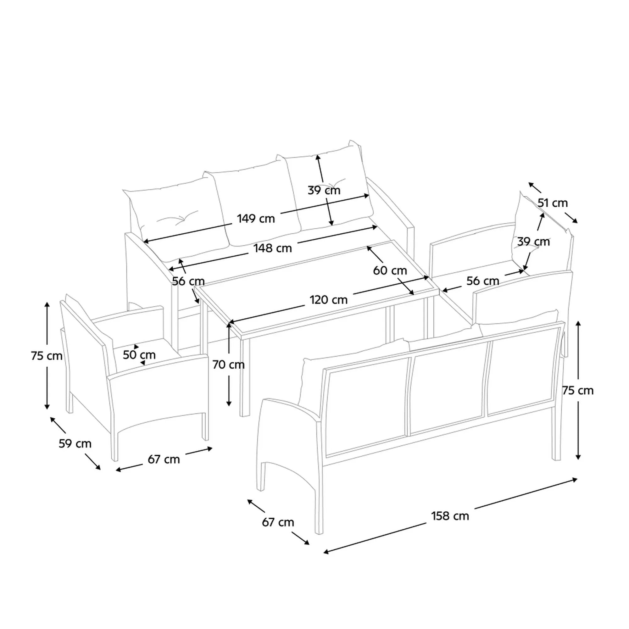 Set gradina LERON, negru/gri, ratan/otel/sticla securizata, cu masa, 2 scaune si 2 canapele